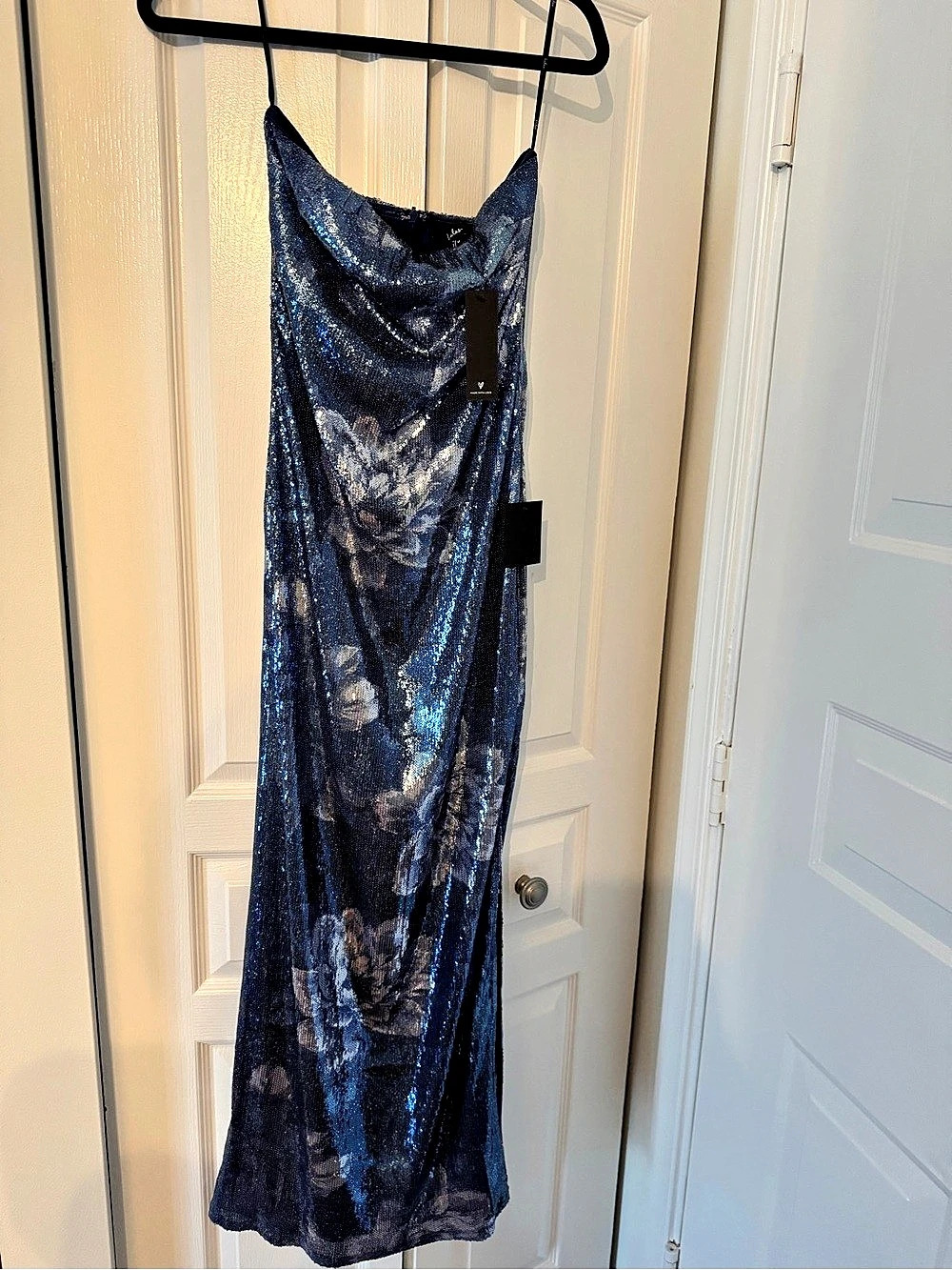 Lulus Glowing Wonder Blue Floral Sequin Strapless Maxi Dress Medium